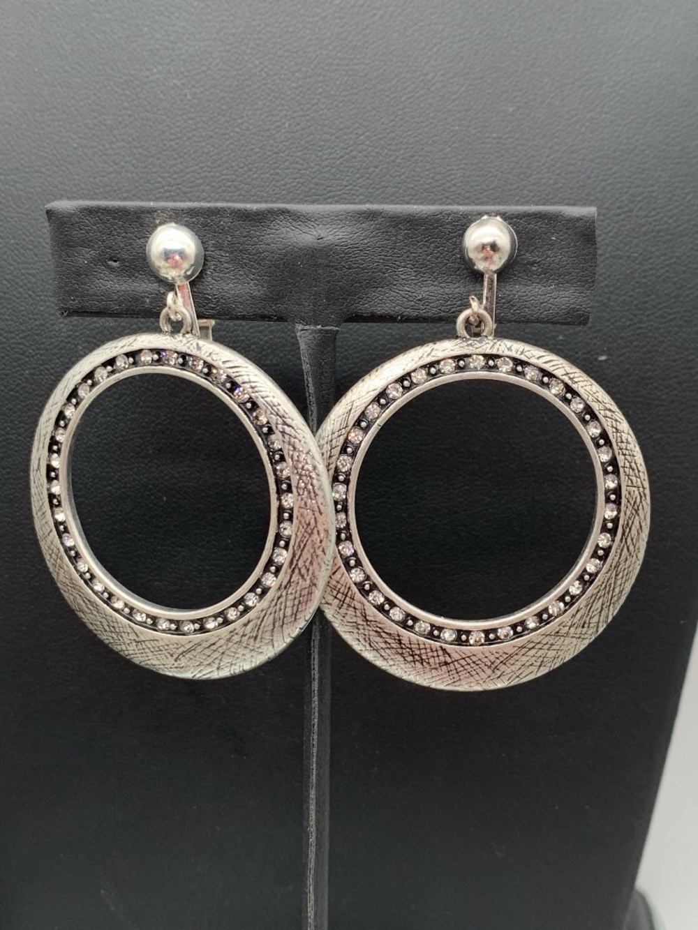 Silver-Tone Textured Hoop clip on Earrings with rhinestone Accents